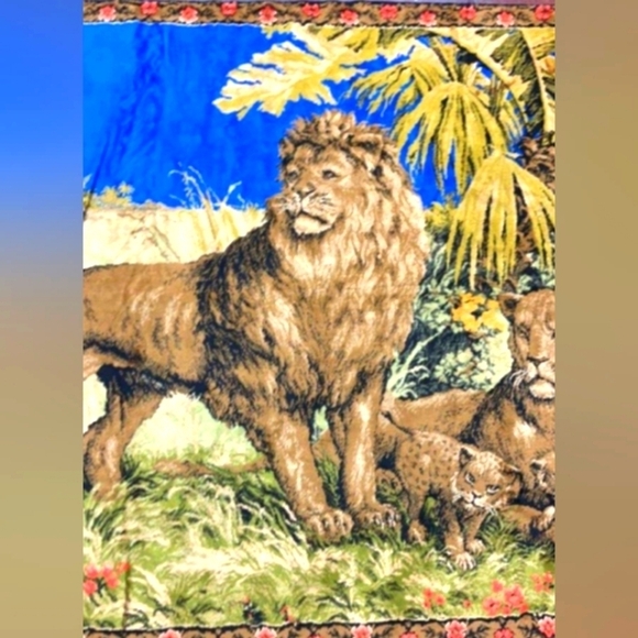 Vintage Wall Art Tapestry Lions Cub Jungle Huge Velvet 68.5 x 48 Gorgeous! - Picture 3 of 4
